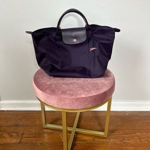 Longchamp NWOT RARE dark purple nylon tote with pink detailing